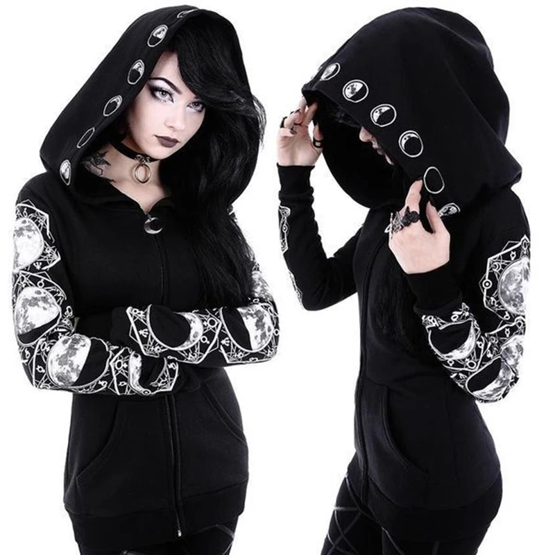

Autumn Women Vintage Moon Phase Gothic Punk Print Hooded Sweatshirts Long Cape Coat Zipper Punk veste Witch Jacket Tops