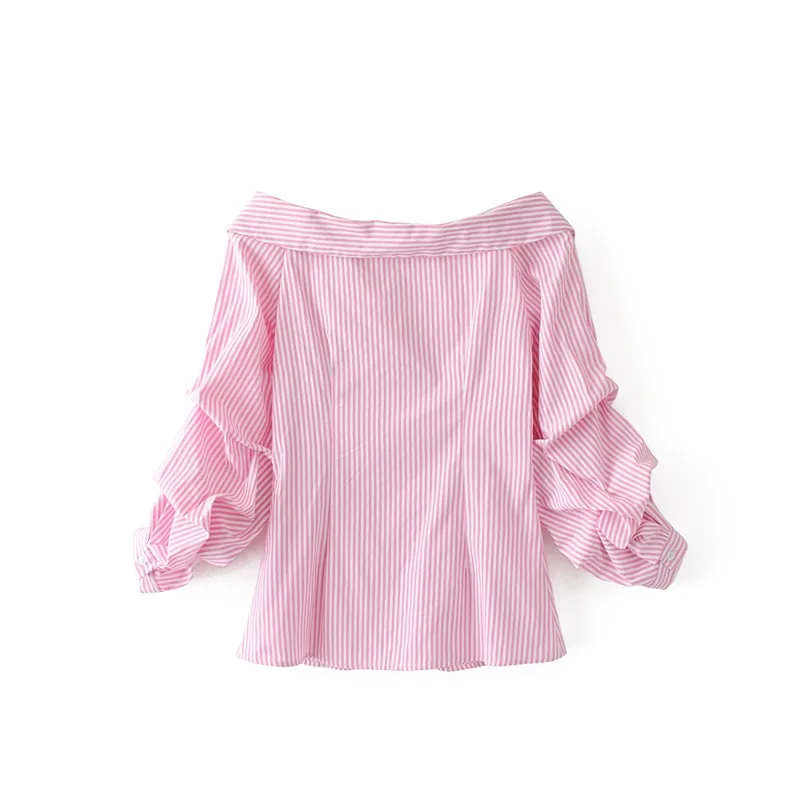 VOGUEIN новые женские розовые синие v-образный вырез гофрированный 3/4 рукав полосатая блузка рубашка Топы