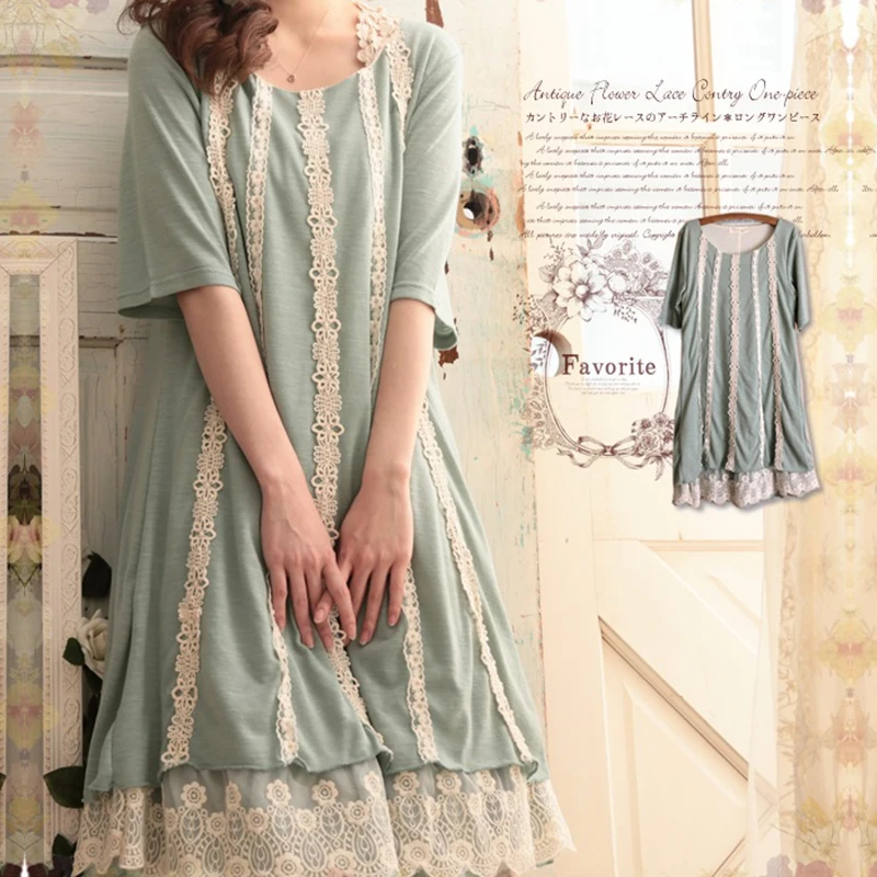 

Mori Girl Sweet Lace Knitted Dress Flower Embroidery Summer Half Sleeve Loose Female Light Green Forest Girl Ladies Dresses D058