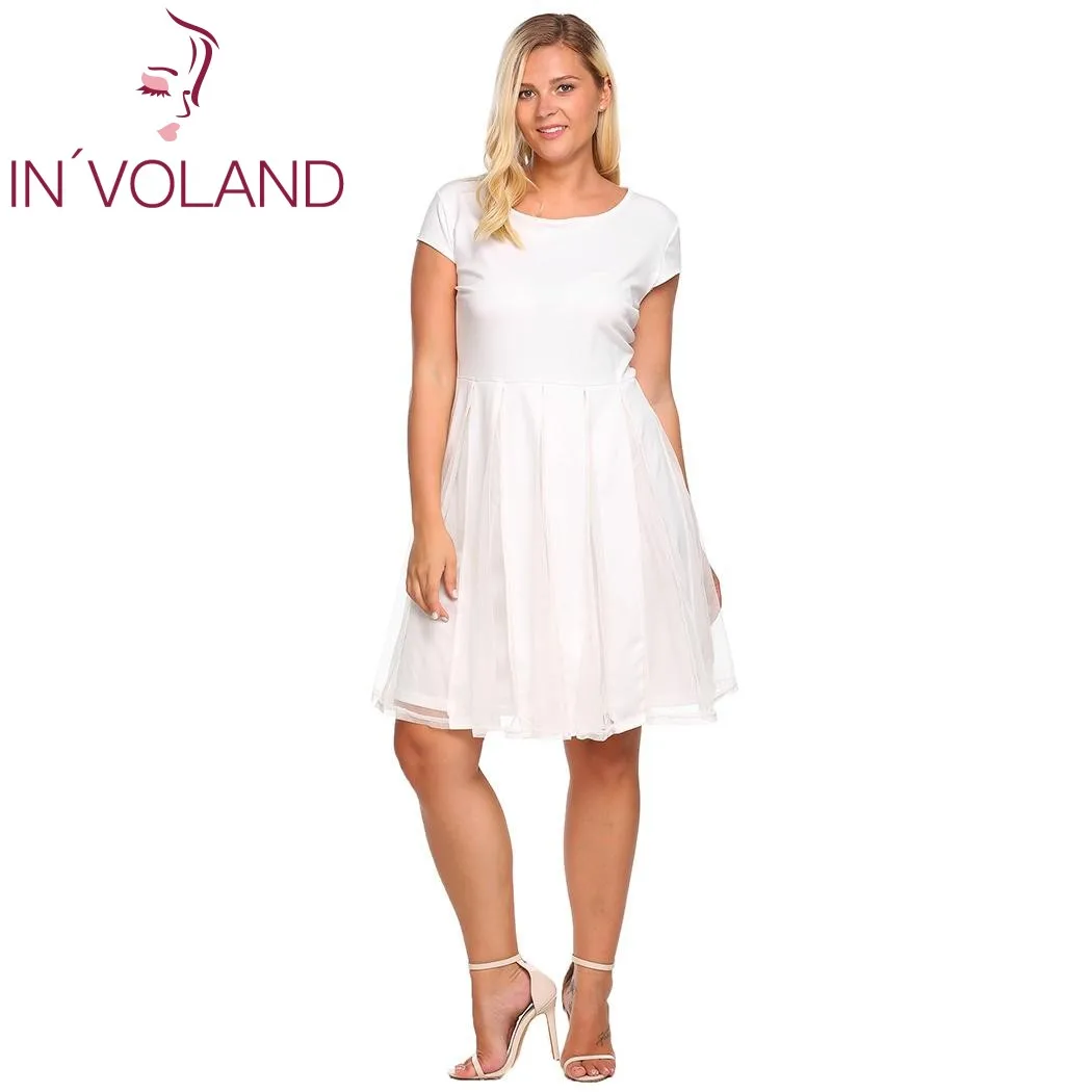 IN'VOLAND, женское платье большого размера, XL-4XL, рукав-крылышко, Сетчатое, в стиле пэчворк, на пуговицах сзади, вечерние, плиссированные, свободные платья, vestidos, платье размера плюс