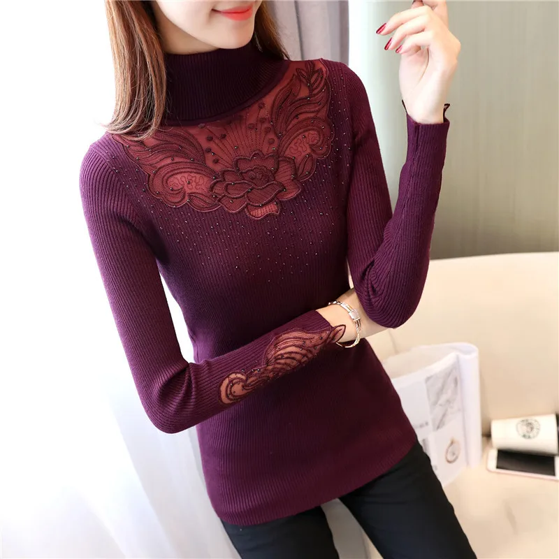 Autumn Winter Women Sweaters Pullovers Lace Patchwork Turtleneck Knitted Sweaters Elegant Casual Pullovers Warm Elastic Knitwear Autumn Winter Women Sweaters Pullovers Lace Patchwork Turtleneck Knitted Sweaters Elegant Casual Pullovers Warm Elastic Knitwear