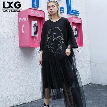 

lotusxinag Maternity New Spring Summer Round Neck Three Quarter Sleeve Black Pattern Irregular Hem Big Size Dress Women Fashion