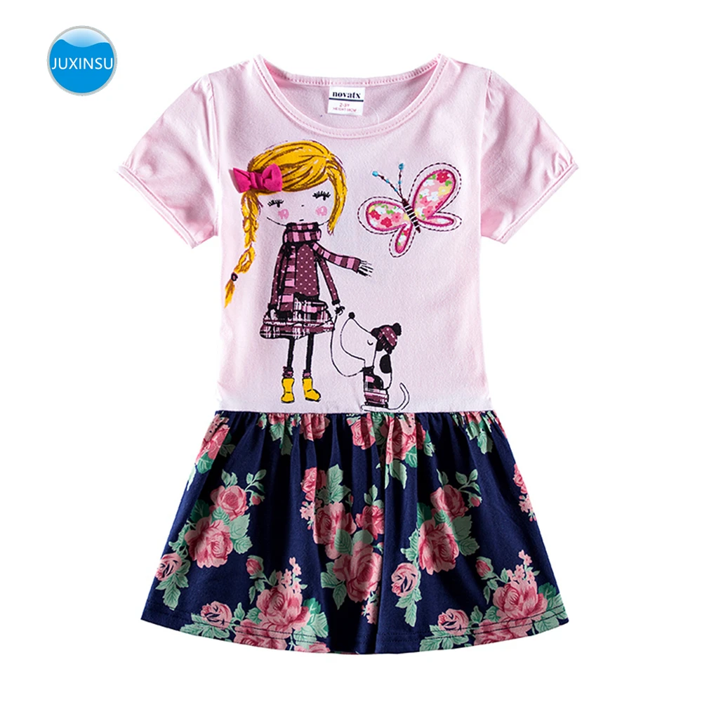 

JUXINSU 100% Cotton Girls Summer Short Sleeve Dresses Cute Cartoon Flowers Little Girl Butterfly Embroidery for 1-7 Years
