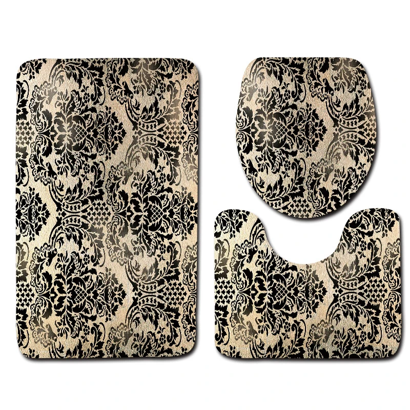 

3 Pieces Anti Slip Bath Mat Set Soft Polyester Flannel Print Washable Water Absorbing Non Skid Toilet Bathroom Decorations