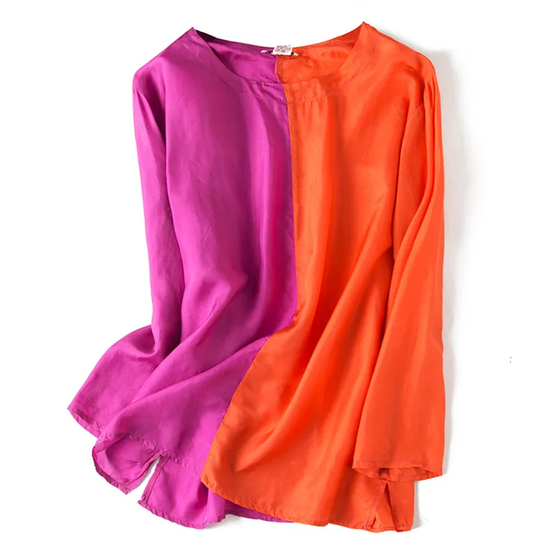 Женская винтажная блуза из натурального шелка OL, топы из чистого шелка размера плюс, большие размеры, праздничные женские элегантные блузки с круглым вырезом и длинным рукавом - Цвет: orangerosepink