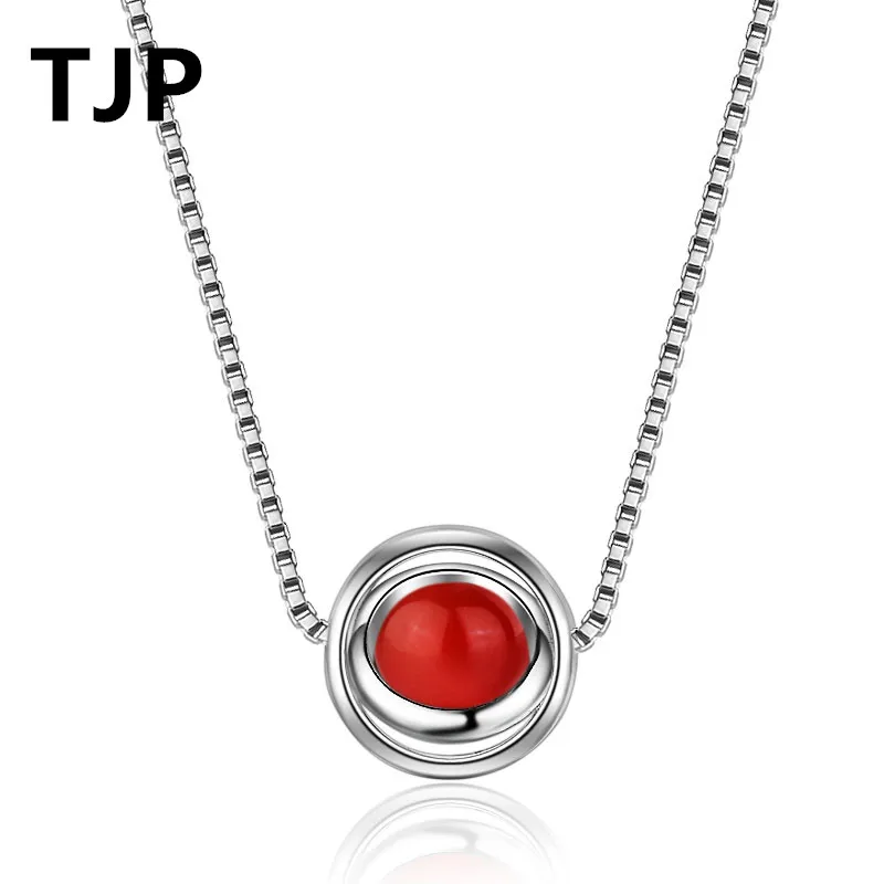 

TJP New Fashion Silver 925 Women Pendants Necklace Hot Red Ball Box Chain Girl Silver Choker Necklace Jewelry Lady Party Bijou