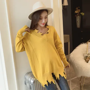 

Maternity Women Hoodless Long Sleeve irregular Raw Hem Knit Sweaters New Moms Loose Fit Knitting Pullover Fashion Sweaters