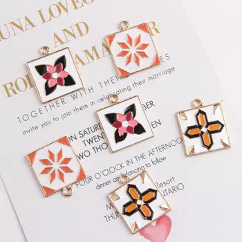 

10PCS/Lot 19*21mm Enamel DIY Jewelry Pendant Charms Gold Tone Simplify Square Flower Cross Oil Drop Bracelet Charm Craft