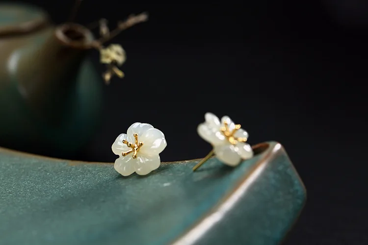 Настоящее 925 пробы серебро Природа Хотан Белый Нефрит слива цветок шпильки для женщин