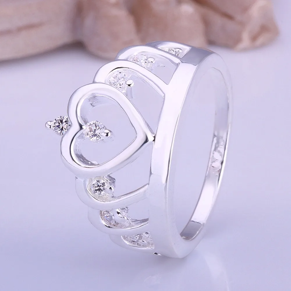 

Tiara Crown Ring Crystal Jewelry Silver Plated Meticulous Design Finger Rings Tension Mount Wedding Accessories