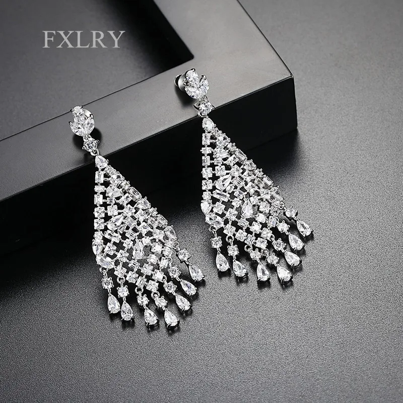 

FXLRY New Design Micro-inlay Cubic Zirconia Teardrop Tassel Dangle Earrings For Women Wedding Jewelry Gift