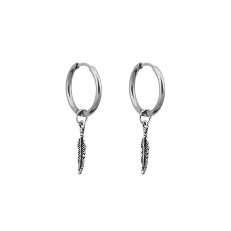 

Hip Hop Kpop Leaf Titanium Feather Pendant Hoop Earrings Korean Jewelry