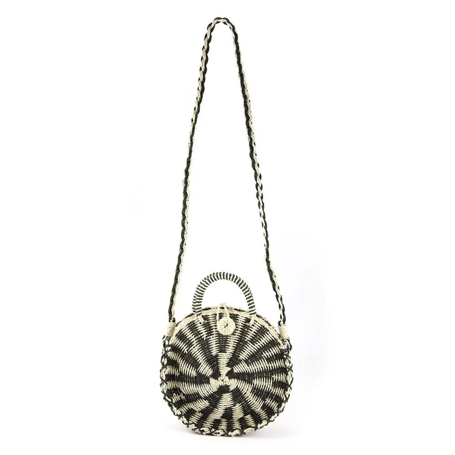 VSEN Women Handmade Round Rattan Woven Shoulder Bag Tote Circle Bohemia Straw Knitted Bag Summer Beach Crossbody Bags(black)
