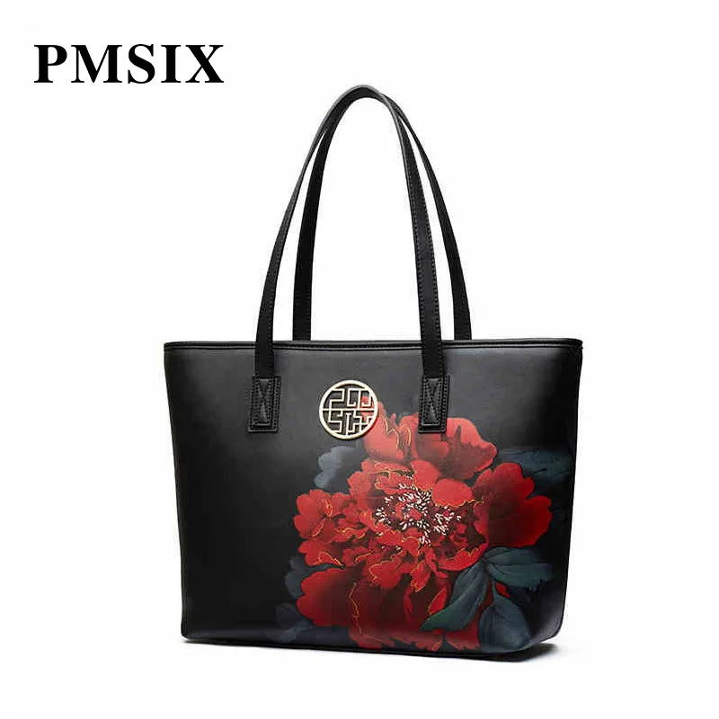 

PMSIX Women Shoulder Bag Vintage Sling Bag Lady Floral Printed PU Tote Bag Large Capacity Handbags Trapeze Shape Bolsa Feminina
