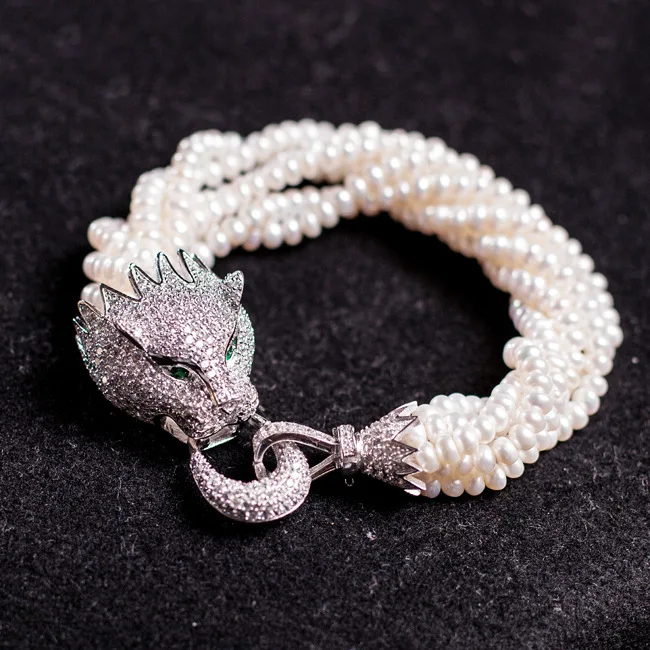 

nice design 4-5mm natural freshwater pearl with charming zircon leopard head 21.5cm bracelet -Top quality free shipping