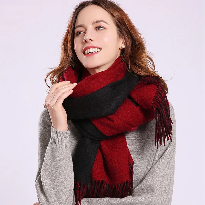 Зимний шарф из шерсти для женщин, роскошные шали и палантины для дам, однотонный шейный платок из пашмины с кисточками, теплые шарфы из чистой шерсти