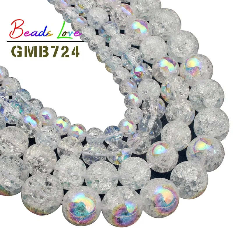 

Wholesale Round Plated AB White Snow Cracked Crystal 6 8 10 12mm Natural Stone Beads for Jewelry Making Diy Bracelet Perles 15''