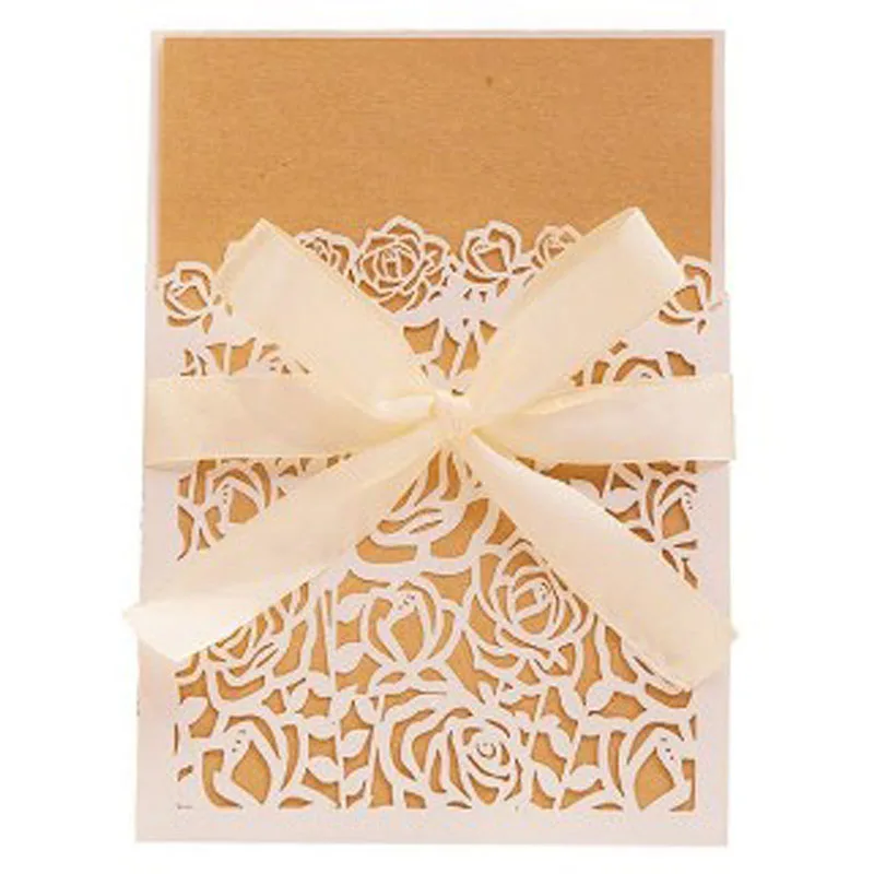 

1pcs White Laser Cut Wedding Invitations Card Elegant Rose Flora Greeting Cards Customize With Ribbon Wedding Party Supplies