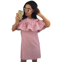 Summer Women Causal Striped Dress Ruffles Cold Shoulder Sexy Bodycon Summer Short Mini Dress Plus Size LJ9215M