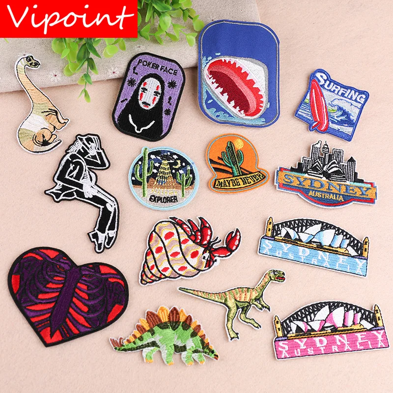 

VIPOINT embroidery cactus shark patches dinosaur patches badges applique patches for clothing YX-80