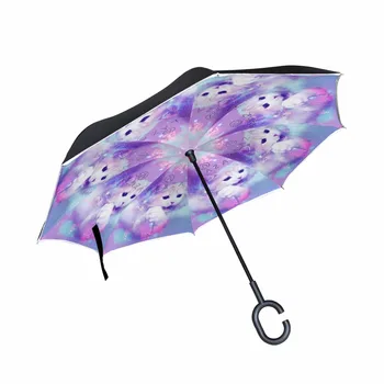 

C-Hook Windproof Reverse Umbrella Purple Cat Double Layer Long Shank Inverted Creative Customized Rain Protection Travel Size