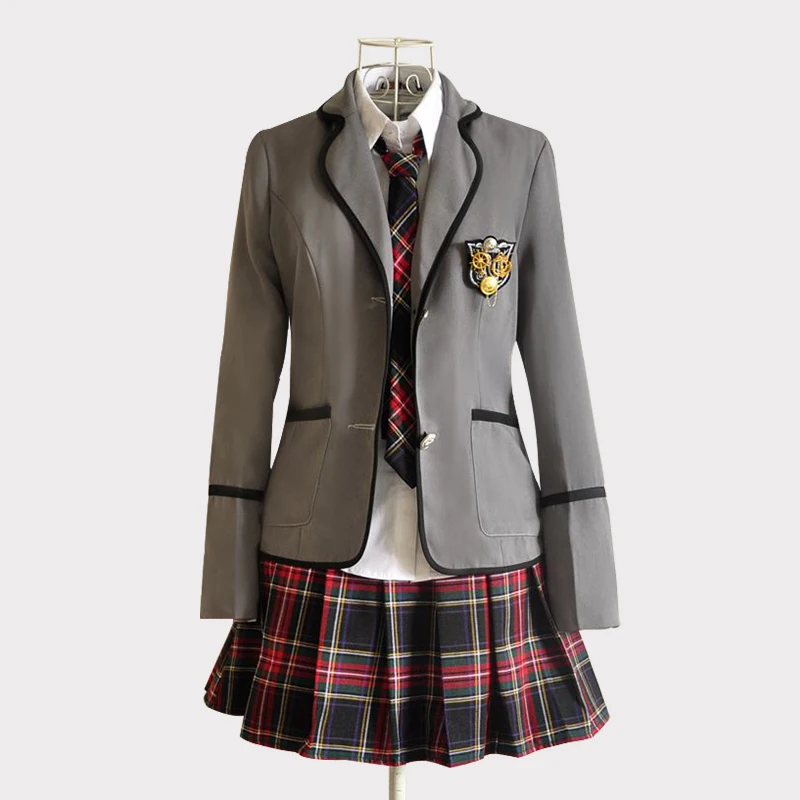 Girl Japanese School JK Uniform Suits Uniforms Black Red Plaid Skirt