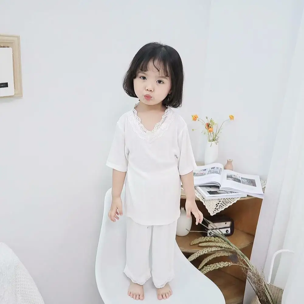 Пижамы для девочек, летние пижамы в рубчик, детские пижамы для девочек, детская одежда для сна, одежда для сна для малышей, модальный топ+ штаны, от 18 месяцев до 11 лет - Цвет: White