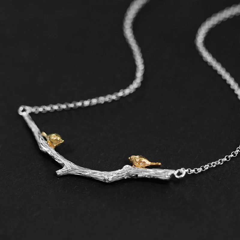 Женская цепочка с кулоном Lotus Fun, тонкое ожерелье с кулоном в виде птиц на ветке, ювелирные изделия ручного изготовления из серебра 925 пробы - Цвет камня: Серебристый