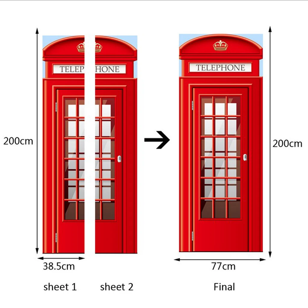 Self-adhesive 3D Door Wall Fridge Sticker Telephone Booth Wrap Mural Poster