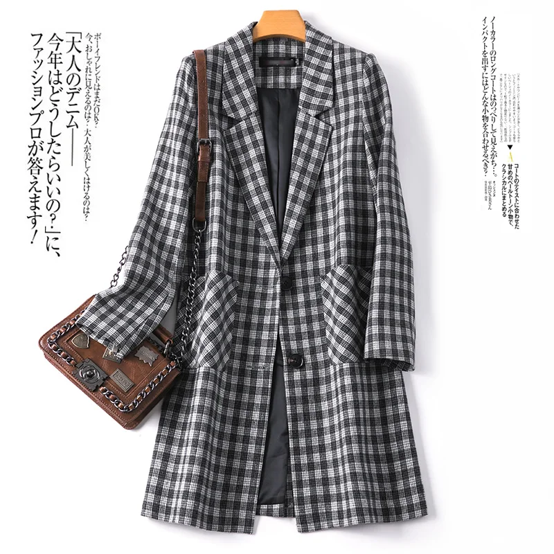 Shuchan Long Jackets Women Plaid Women Blazers 2019 Woman Clothes Single Breasted Pockets Autumn Winter 2019 New Items