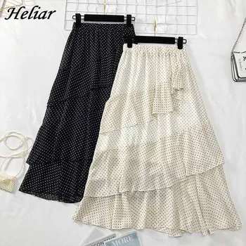 

Heliar 2019 Spring Women Skirt Polka Dot Skirt Korean Style The High Waist Midi Skirt Female Pleated Ruffled Casual A-line Skirt