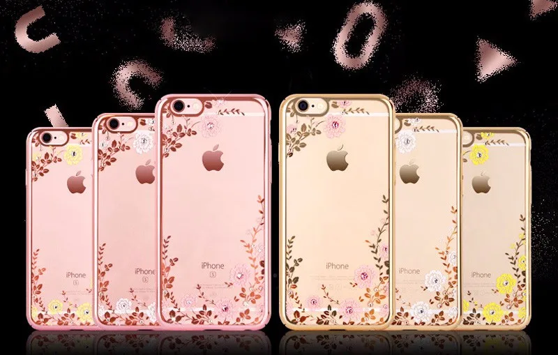 50pcs/lot Flowers Pattern Bling Diamond Soft TPU Plating Case  For  iPhone 5G 7 4.7 inch/iphone 7 Plus/iphone 6/6 plus