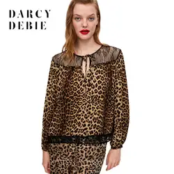 Darcydebie 2018 модные женские туфли леопардовые футболки сезон: весна-лето кружево лоскутное с длинным рукавом Футболка, повседневные топы