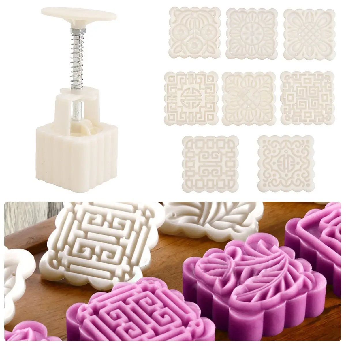 JX-LCLYL Square Baking Mooncake DIY Mold Pastry Biscuit Cake Mould Gadget With 8 Stamps