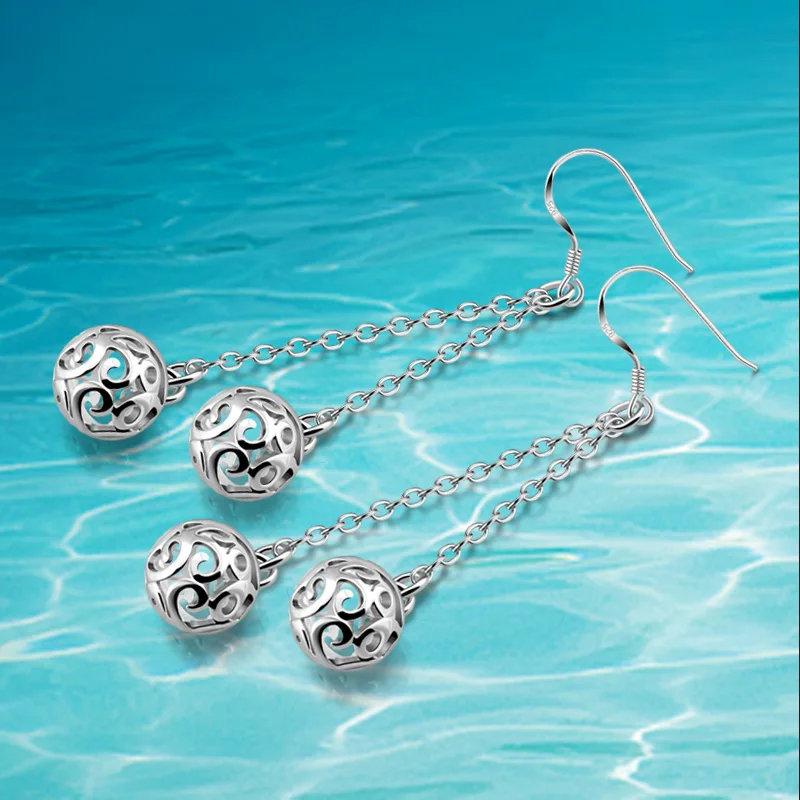 

New shelf!Fashion women's jewelry, 925 sterling silver earrings, double - line long hollow round beads earrings.