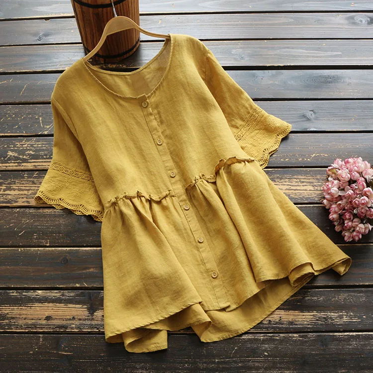 

Mori Girl 2019 Shirt Cotton Linen New Summer Embroidery Short Sleeve Cardigan Solid Color Fashion Loose White Tops YoYiKamomo