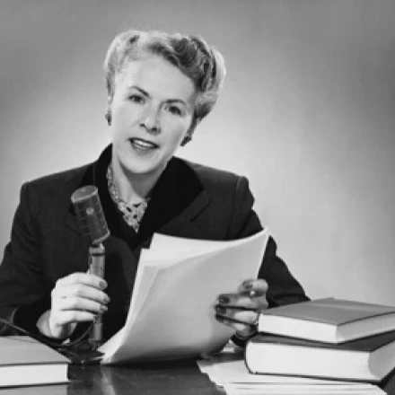 Portrait of a mid adult woman reading a report into a microphone Poster Print (24 x 36)