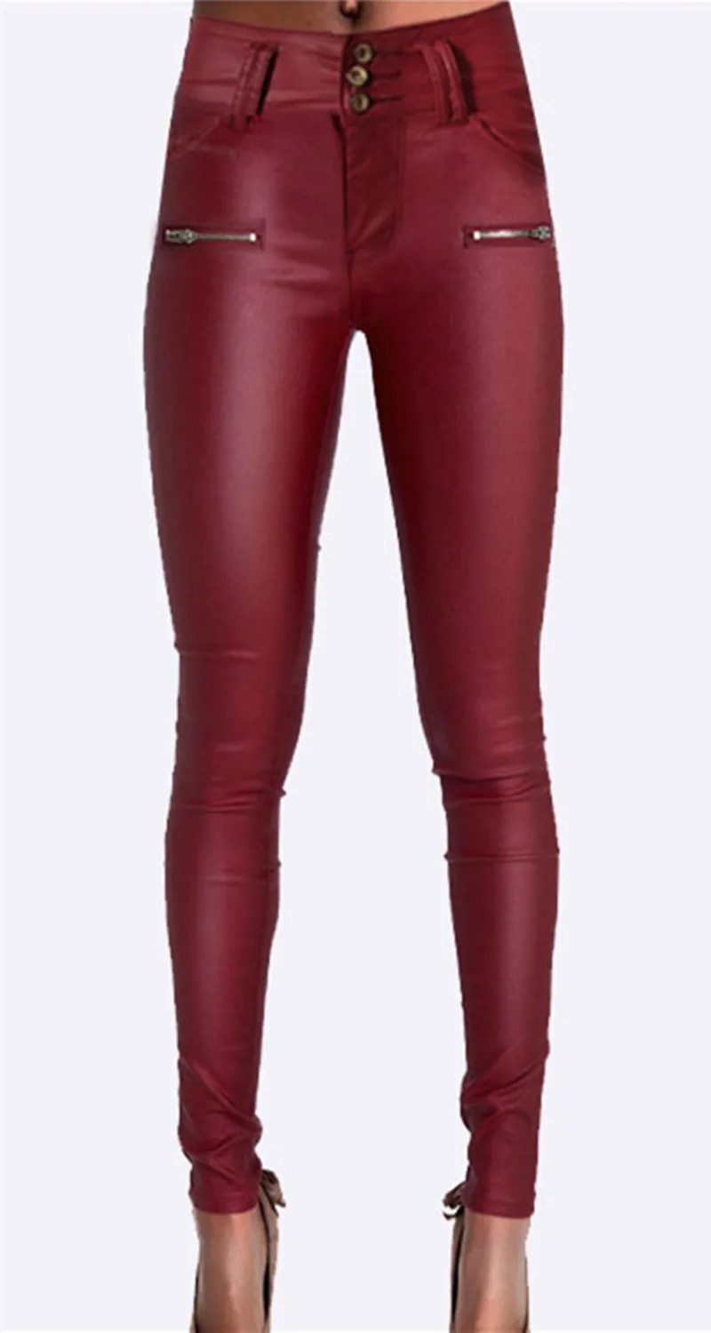 Большие размеры с высокой талией европейские модные кожаные узкие джинсы винно-красные узкие джинсы из искусственной кожи sculpt slim pencil pants 3 пуговицы