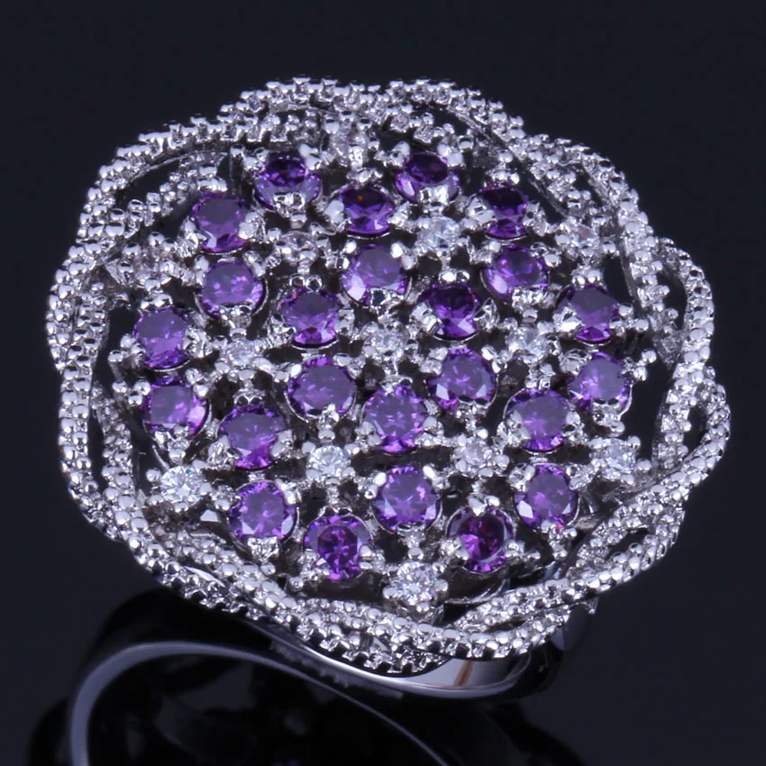 

Enchanting Big Flower Purple Cubic Zirconia White CZ 925 Sterling Silver Ring For Women V0522