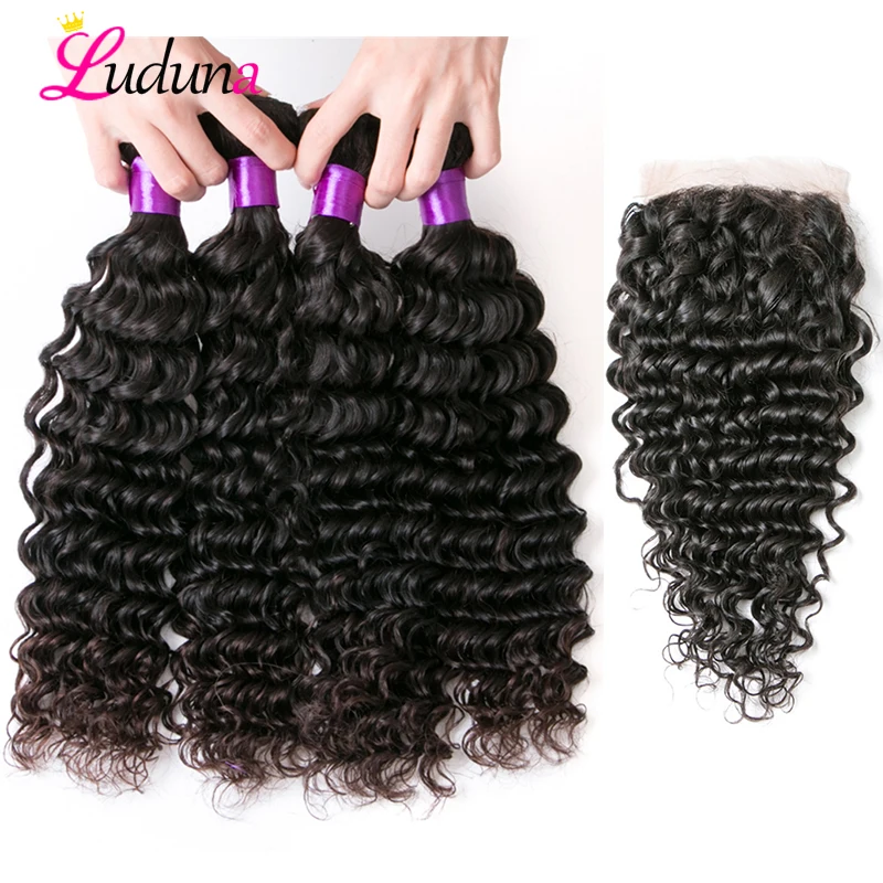 Deep Wave Remy Hair Bundles With Lace Closure Human Hair 3 Bundles With