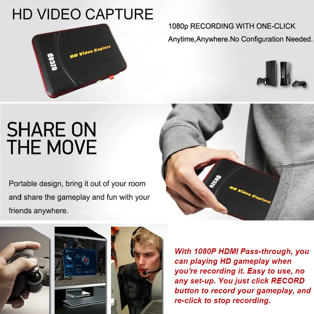 Ezcap HD игровая карта захвата HD видео Захват 1080P HDMI/YPBPR видео рекордер для Xbox 360 Xbox One/PS3 PS4/wii U нет никакой настройки