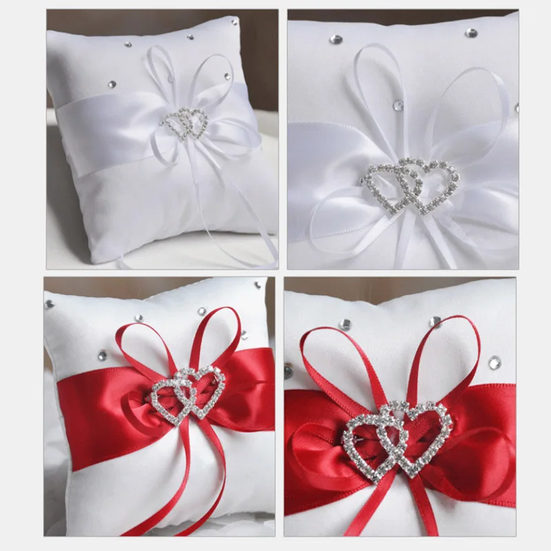 Drop Shipping European Wedding Decor Ring Pillow Double Heart White Red Blue Handmade Ribbon Bowknot Rhinestone Party Supplies