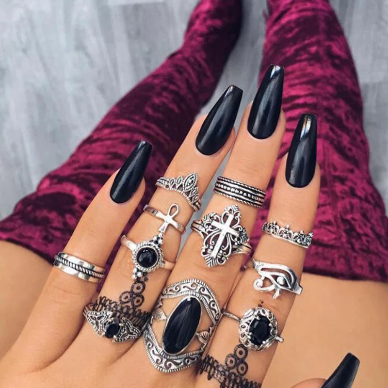 

11 Pcs/set Bohemian Retro Gem Geometry Cross Peach Heart Crown Silver Ring Set Lady Charm Jewelry Vintage Wedding Gifts O5M217