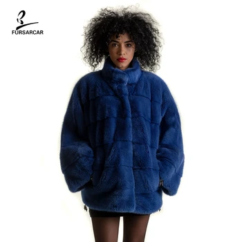 

FURSARCAR 2019 New Stand Collar Blue Real Mink Fur Coat With Batwing Sleeve For Women Genuine Natural Fur Jacket Winter Clothing