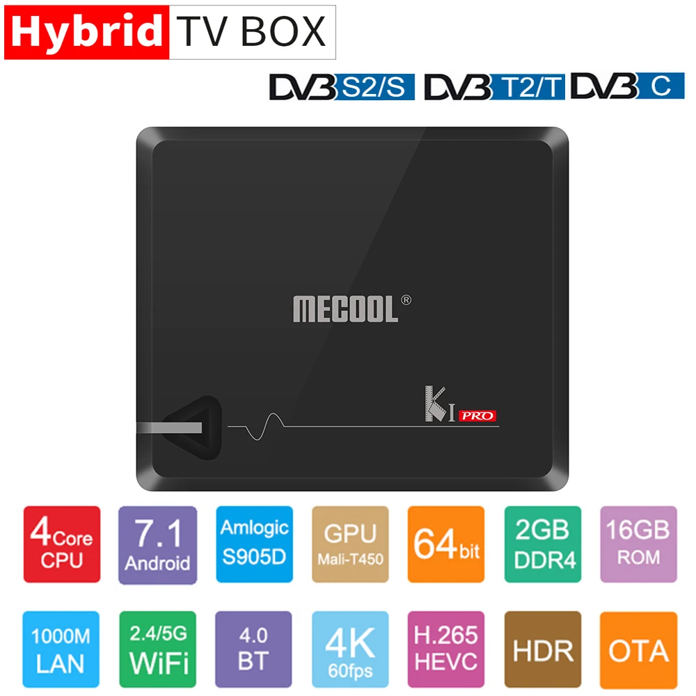 MECOOL KI PRO Android 7,1 ТВ Box Amlogic S905D Quad-Core DVB-T2 DVB-S2 DVB-C 2G DDR4 16G Декодер каналов кабельного телевидения 4K Bluetooth4.1 2,4/5G Wi-Fi