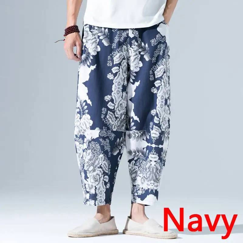 INCERUN/Мужские штаны-шаровары с этническим принтом; хлопковые брюки для бега с эластичной резинкой на талии; винтажные брюки для мужчин; уличная одежда; Непальские Свободные повседневные брюки; - Цвет: Navy