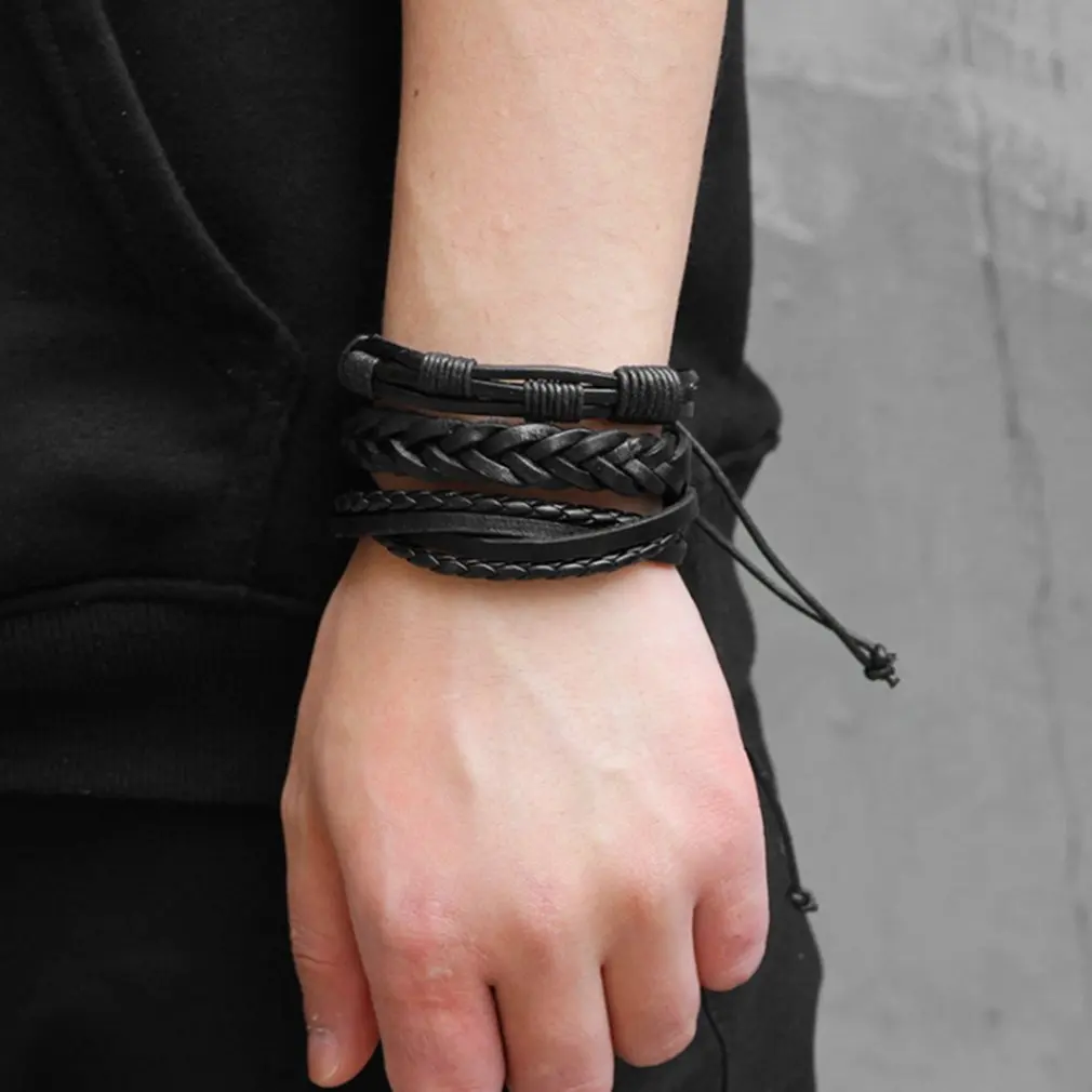 5PC/SET Men Jewelry Adjustable Black Coffee Pu Leather Beads Wrap Viking Bracelet Multilayer Chain Bracelet DIY Jewelry A30