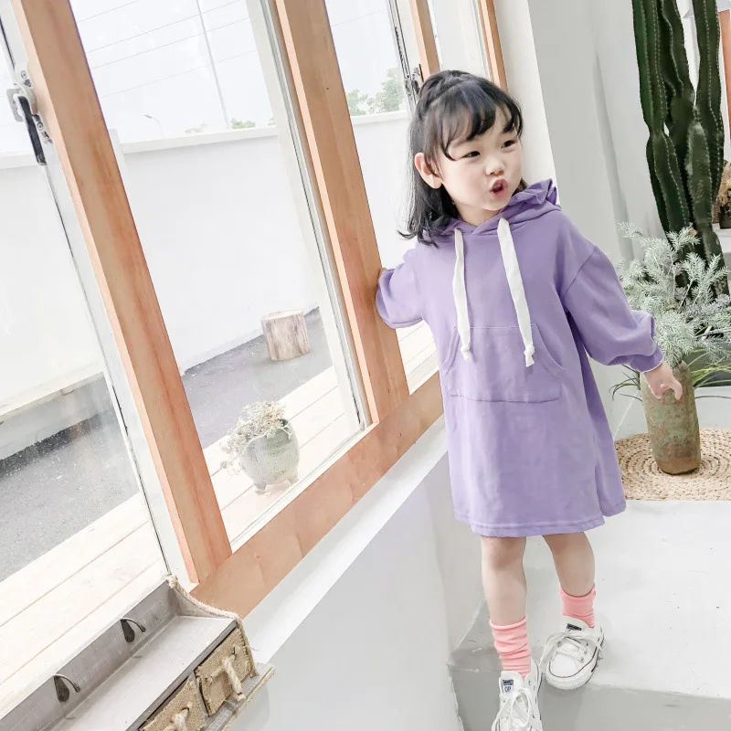 

Autumn Spring 2018 Baby Girls Long Sleeve Dresses with Pockets Beige Purple Long Sweatshirts Hoodies Dress Baby Girl Clothes
