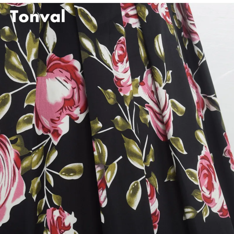 Tonval хлопковые винтажные юбки размера плюс, женские черные плиссированные юбки с цветочным принтом, женские юбки миди с цветочным принтом в стиле ретро