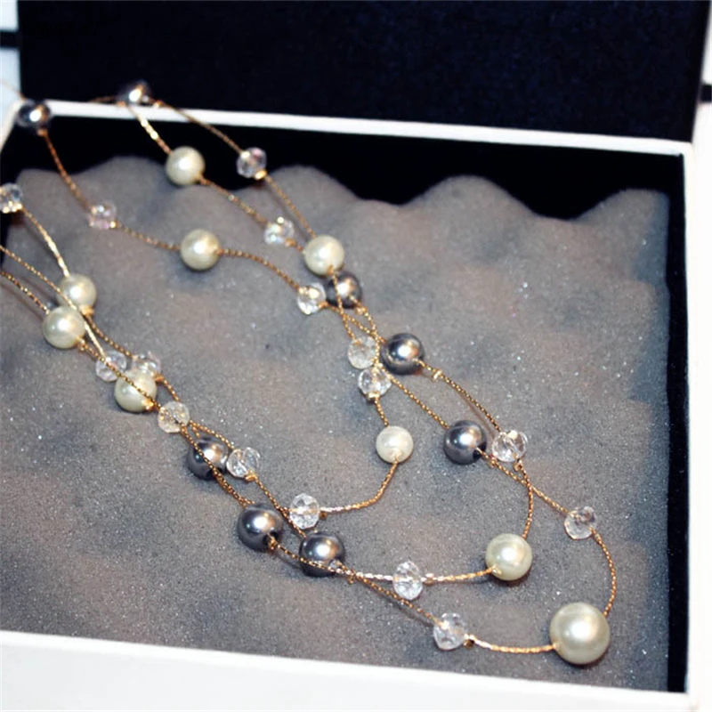 

3 Layers Simulated Pearl Long Necklaces Luxury Gold Metal Crystal Sweater Chain Multi-layer Necklace Mujer Bijoux NWLN293